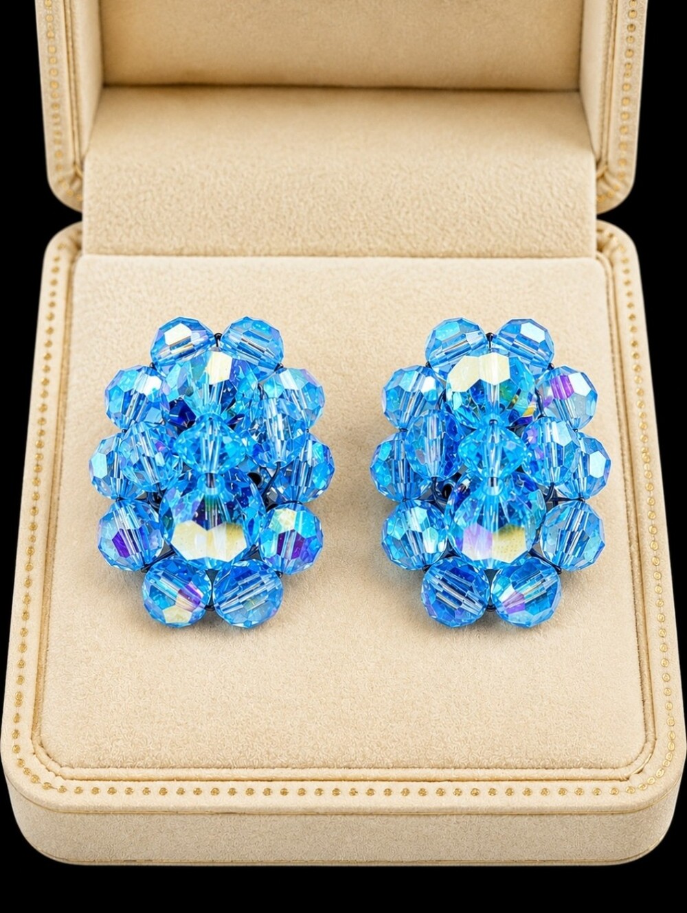 Vintage Aurora Borealis Blue Oval Crystal Clip On Earrings Wired On Unsigned